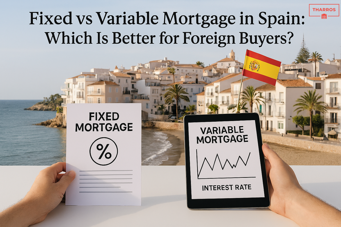 Comparison of fixed vs variable mortgage rates in Spain for foreign buyers, showing stable payments versus fluctuating interest, with Spanish homes and flag.