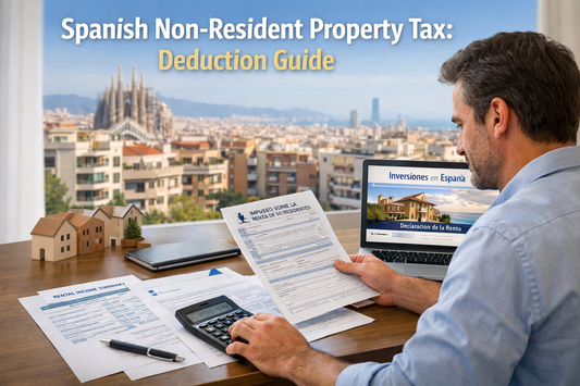 Spanish non-resident property owner reviewing tax deduction documents with calculator and rental income papers, with Barcelona city apartments in the background.