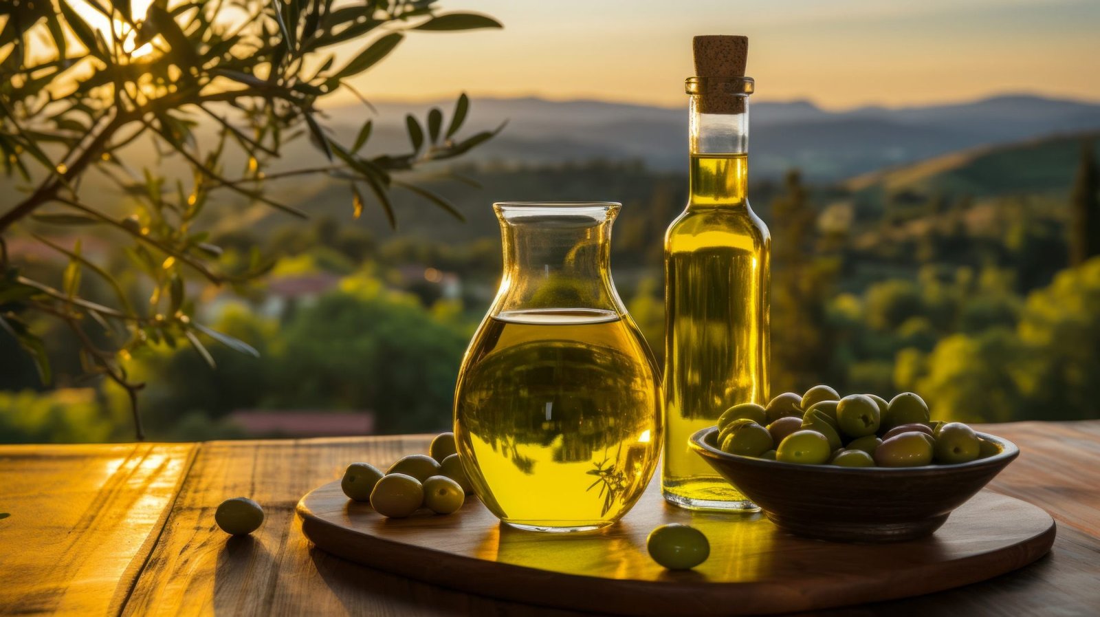 Olive oil and olives at sunset