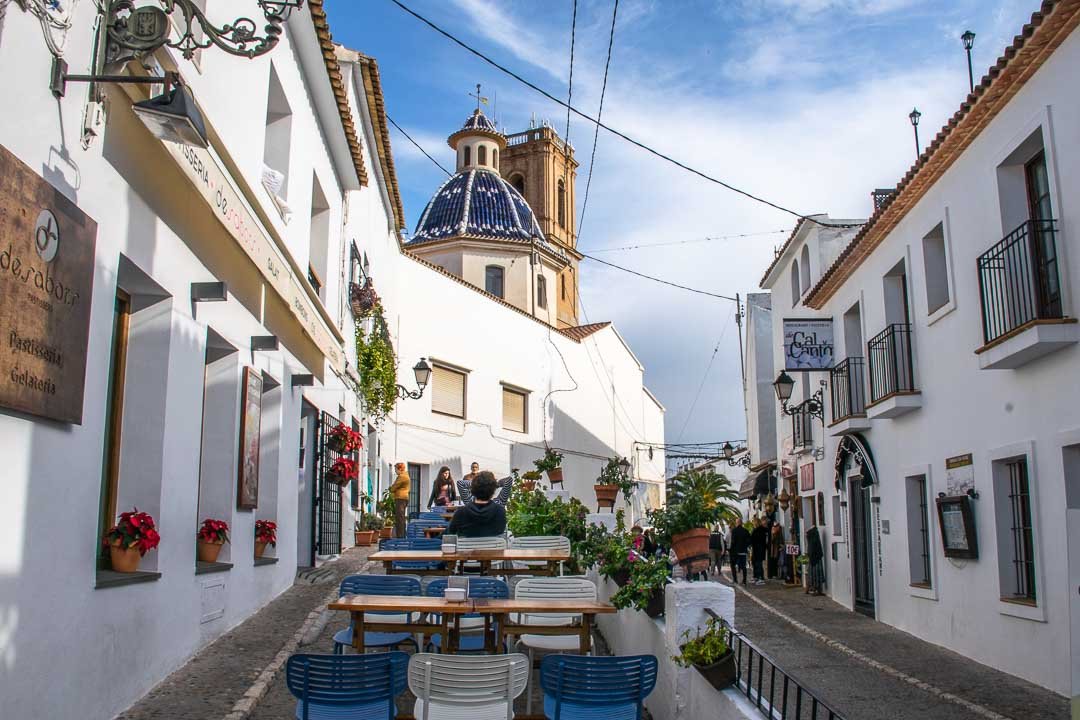 Altea old town street with church