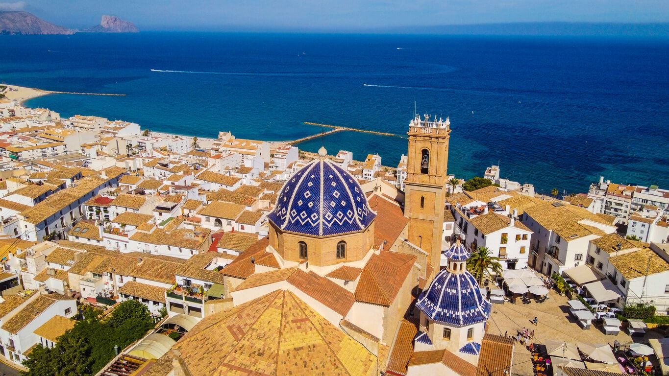 Aerial view of Altea with Church and Mediterranean Sea