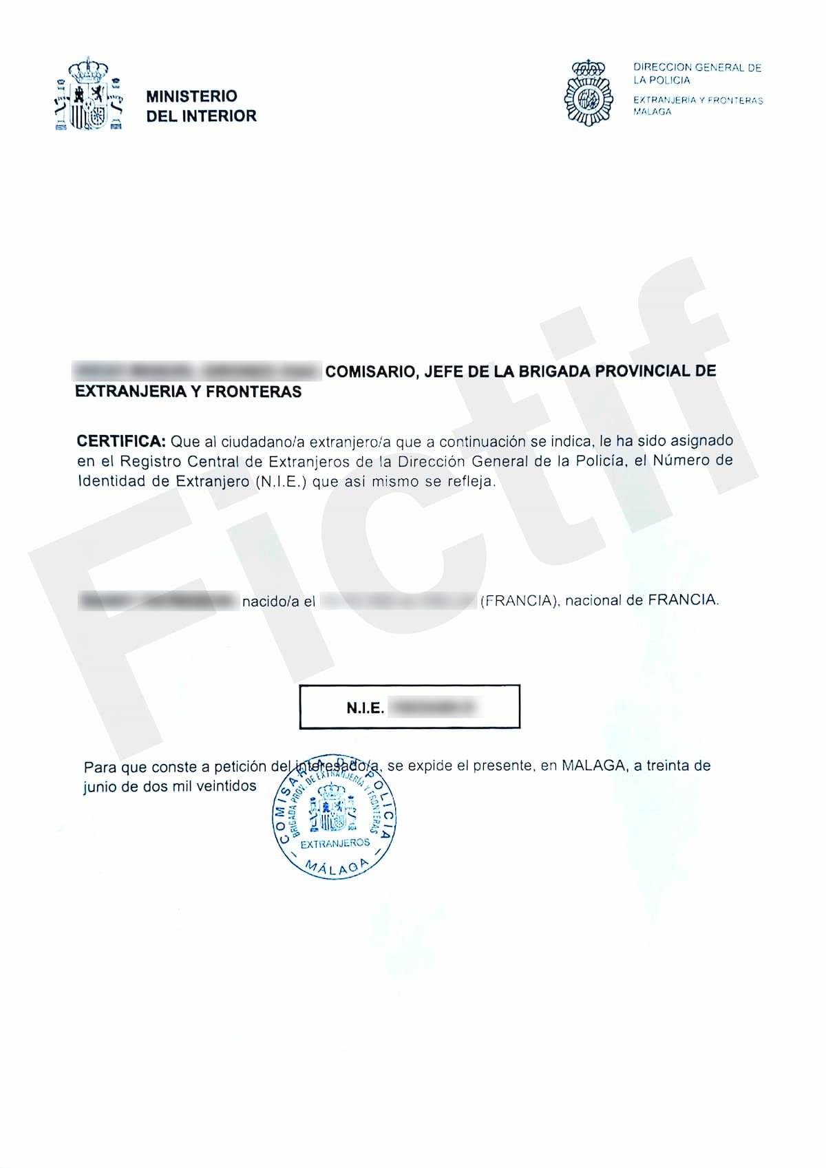 Example NIE certificate Spain