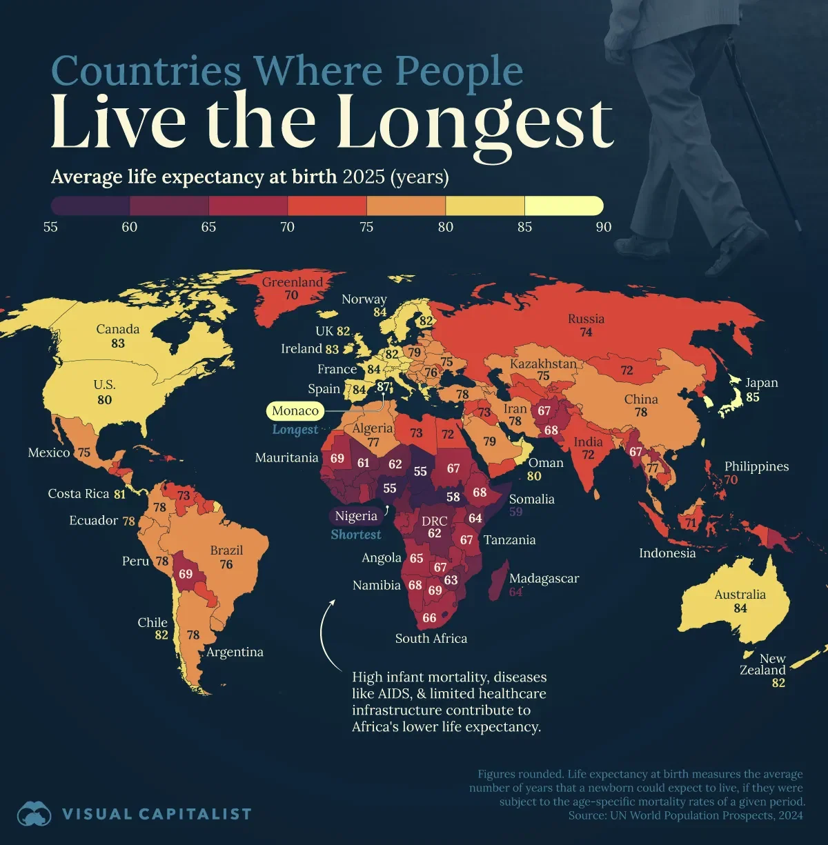 World map showing countries with highest life expectancy — Spain 84 years 2025