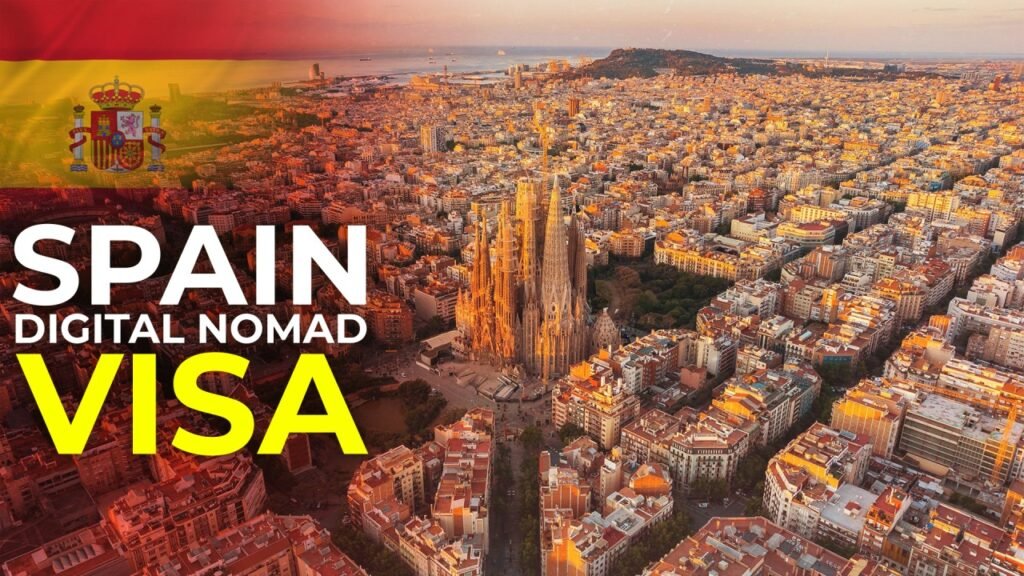 Digital nomad visa Spain — aerial view of Barcelona with the Spanish flag, representing remote workers relocating to Spain